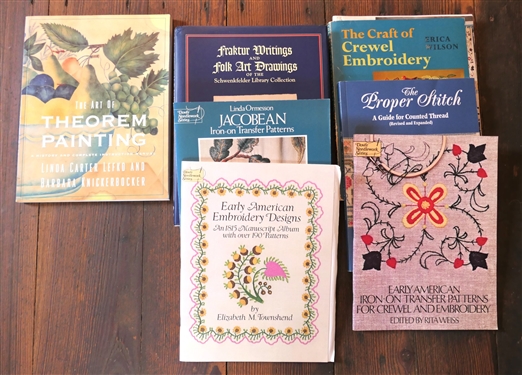 6 Books including Fraktur Writings and Folk Art Drawings Hardcover with Dust Jacket, The Art of Theorem Painting Early American Iron - On Transfer Patterns The Proper Stitch The Craft of...
