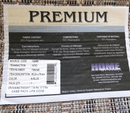 Premium Blue Machine Made Rug - Measures 5'2 by 7'4 