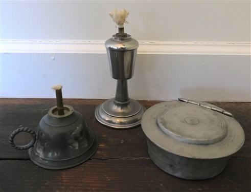 3 Pieces of Metalware including 2 Small Oil Lamps and Small Pewter Dish - Tallest Lamp Measures 5 1/2