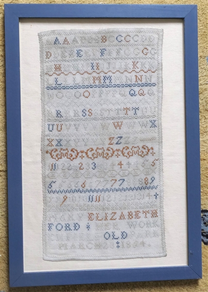 Mary Elizabeth Ford - March 23 1854 Sampler - Original Needlework - Framed - Frame Measures 20" by 14 1/2" - Sampler Measures 16" by 9"