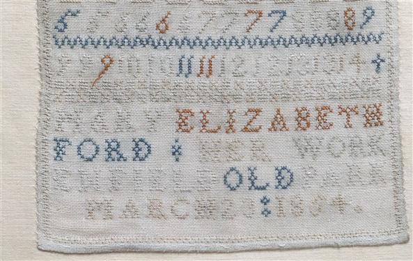 Mary Elizabeth Ford - March 23 1854 Sampler - Original Needlework - Framed - Frame Measures 20 by 14 1/2 - Sampler Measures 16 by 9