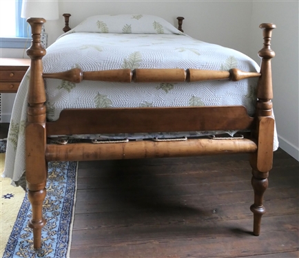 Antique Maple Rope Bed - 3/4 Size - Rounded Rails Head and Foot Board Have Carved Posts with Bedding Including Fern Leaf Spread by Linen Source