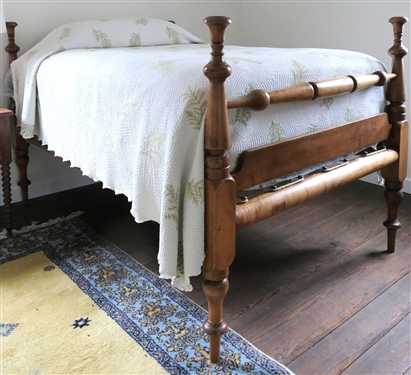 Antique Maple Rope Bed - 3/4 Size - Rounded Rails Head and Foot Board Have Carved Posts with Bedding Including Fern Leaf Spread by Linen Source