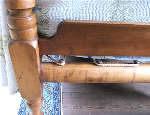Antique Maple Rope Bed - 3/4 Size - Rounded Rails Head and Foot Board Have Carved Posts with Bedding Including Fern Leaf Spread by Linen Source