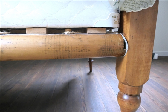 Antique Maple Rope Bed - 3/4 Size - Rounded Rails Head and Foot Board Have Carved Posts with Bedding Including Fern Leaf Spread by Linen Source