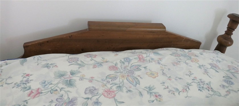 Antique Maple Rope Bed - 3/4 Size - Rounded Rails Head and Foot Board Have Carved Posts with Bedding Including Fern Leaf Spread by Linen Source