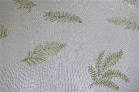 Antique Maple Rope Bed - 3/4 Size - Rounded Rails Head and Foot Board Have Carved Posts with Bedding Including Fern Leaf Spread by Linen Source