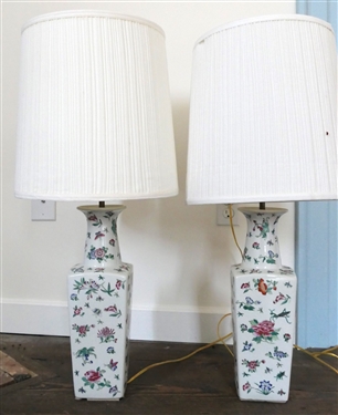 Pair of Asian Style Lamps with Dragonflies and Praying Mantis Insects - Lamps Measure 21 Tall 