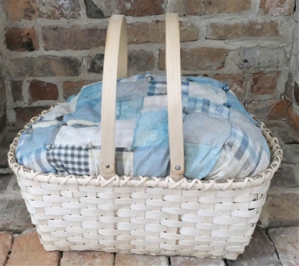 Oak Split Basket with Blue and White Tack Quilt - Basket Measures 7 tall by 19 Long Not Including Handles - 