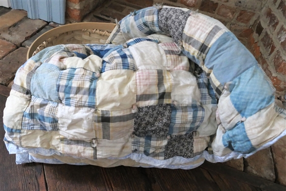Oak Split Basket with Blue and White Tack Quilt - Basket Measures 7 tall by 19 Long Not Including Handles - 