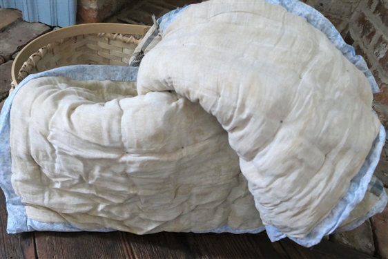 Oak Split Basket with Blue and White Tack Quilt - Basket Measures 7 tall by 19 Long Not Including Handles - 