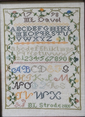M.L. David Sampler Hand Stitched by Barbara Strode 2000 - Framed - Frame Measures 13 1/2 by 10 1/2