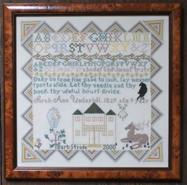 Barb Strode 2000 Hand Stitched Needlework Sampler with Deer and Bird - Nicely Framed - Frame Measures 16 1/2 by 16 1/2