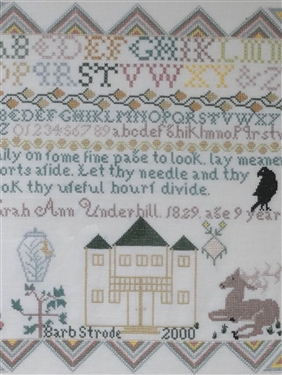Barb Strode 2000 Hand Stitched Needlework Sampler with Deer and Bird - Nicely Framed - Frame Measures 16 1/2 by 16 1/2