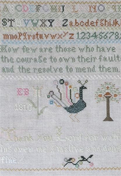 Hand Stitched Needlework Copy of 1810 Sampler with Peacock Bird and Tree - Framed - Frame Measures 14" by 11"