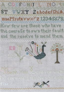Hand Stitched Needlework Copy of 1810 Sampler with Peacock Bird and Tree - Framed - Frame Measures 14 by 11