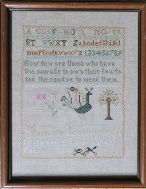 Hand Stitched Needlework Copy of 1810 Sampler with Peacock Bird and Tree - Framed - Frame Measures 14 by 11