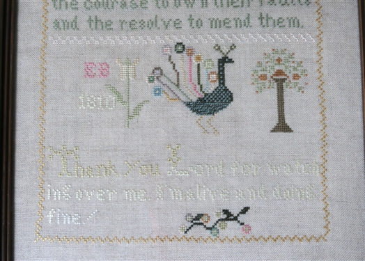 Hand Stitched Needlework Copy of 1810 Sampler with Peacock Bird and Tree - Framed - Frame Measures 14 by 11
