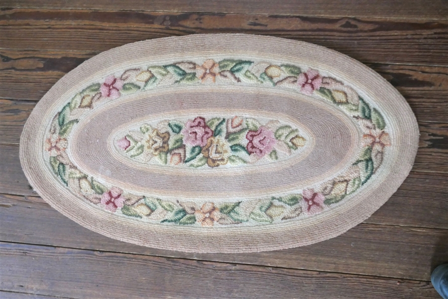 Oval Hook Rug with Pink and Yellow Flowers - Measures 43" by 23 1/2"