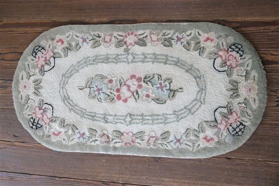 Light Green Oval Hook Rug with Flowers - Measures 21 by 41