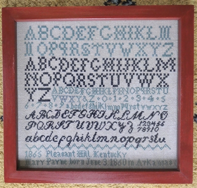 Navy and Light Blue Hand Stitched Needlework Copy of 1865 Sampler - Framed - Frame Measures 10 1/2 by 11 1/2