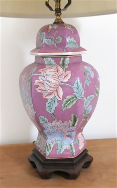 Pink Floral Ginger Jar Style Lamp - Measures 18 Tall 