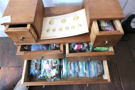 Miniature Chest - 2 Over 2 Over 2 Drawers - Measures 17 Tall 17 by 10 - Plus Contents - Threads, Embroidery Floss, and Souvenir Navy Buttons