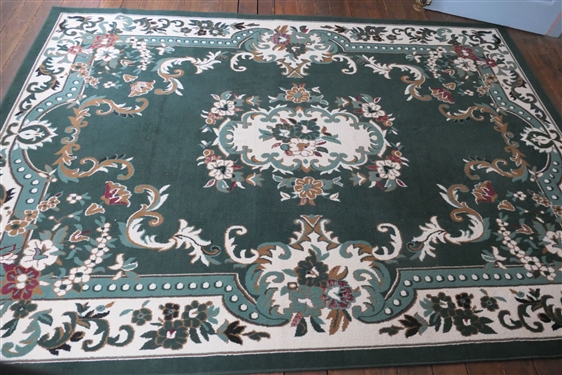 Premium Hunter Green and Cream Machine Made Rug - Measures 7'8 by 10' 7 - Some Wear 