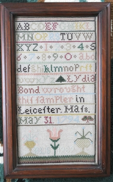 Hand Stitched Needlework Copy of 1794 Sampler Leicester Ma. - Framed - Frame Measures 13 by 8 - BLS 1982