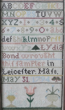 Hand Stitched Needlework Copy of 1794 Sampler Leicester Ma. - Framed - Frame Measures 13 by 8 - BLS 1982