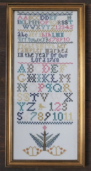 Hand Stitched Needlework Copy of 1768 Sampler - Vibrant Colors - Framed - Frame Measures 16 1/2" by 8"