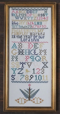 Hand Stitched Needlework Copy of 1768 Sampler - Vibrant Colors - Framed - Frame Measures 16 1/2 by 8
