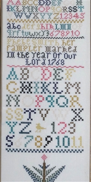 Hand Stitched Needlework Copy of 1768 Sampler - Vibrant Colors - Framed - Frame Measures 16 1/2 by 8