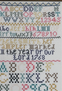 Hand Stitched Needlework Copy of 1768 Sampler - Vibrant Colors - Framed - Frame Measures 16 1/2 by 8