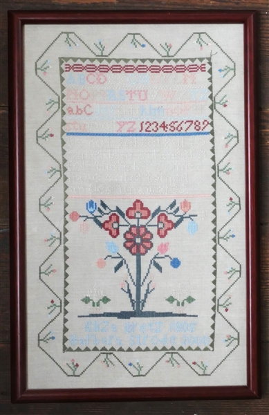 Hand Stitched Needlework Copy of 1805 Sampler by Barbara Strode 2000 -Framed - Frame Measures 16 1/2" by 10 1/2"