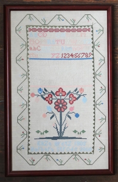 Hand Stitched Needlework Copy of 1805 Sampler by Barbara Strode 2000 -Framed - Frame Measures 16 1/2 by 10 1/2