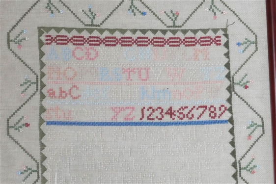 Hand Stitched Needlework Copy of 1805 Sampler by Barbara Strode 2000 -Framed - Frame Measures 16 1/2 by 10 1/2