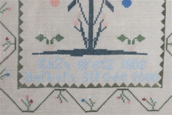 Hand Stitched Needlework Copy of 1805 Sampler by Barbara Strode 2000 -Framed - Frame Measures 16 1/2 by 10 1/2