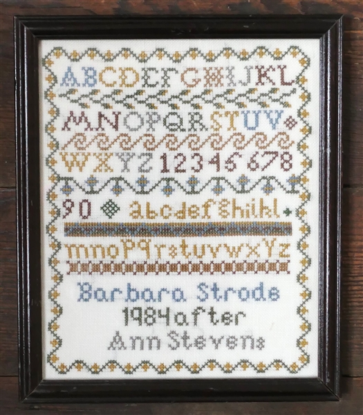 Hand Stitched Needlework Sampler by Barbara Strode 1984 After Ann Stevens - Framed - Frame Measures 10" by 9"