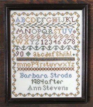 Hand Stitched Needlework Sampler by Barbara Strode 1984 After Ann Stevens - Framed - Frame Measures 10 by 9