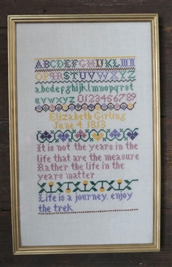 Hand Stitched Needlework Copy of 1813 Sampler Life is a journey, enjoy the trek Framed - Frame Measures 13 1/2 by 8 1/2