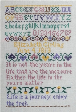 Hand Stitched Needlework Copy of 1813 Sampler Life is a journey, enjoy the trek Framed - Frame Measures 13 1/2 by 8 1/2