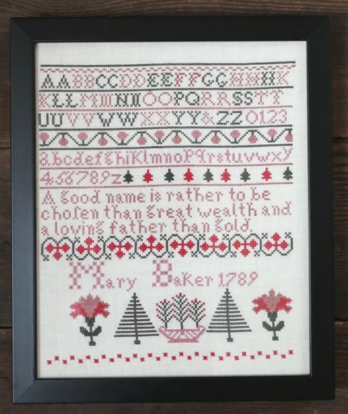 Hand Stitched Needlework Copy of "Mary Barker 1789" Sampler - Framed - Frame Measures 12" by 10"