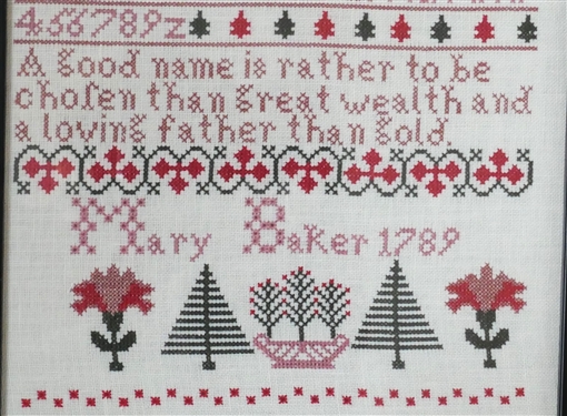 Hand Stitched Needlework Copy of Mary Barker 1789 Sampler - Framed - Frame Measures 12 by 10
