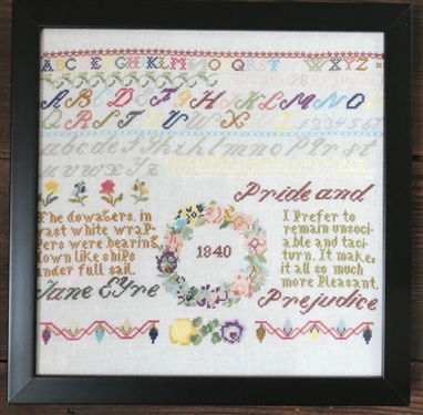 Hand Stitched Needlework Copy of 1840 Jane Eyre Pride and Prejudice Sampler - Framed - Frame Measures 11 by 11