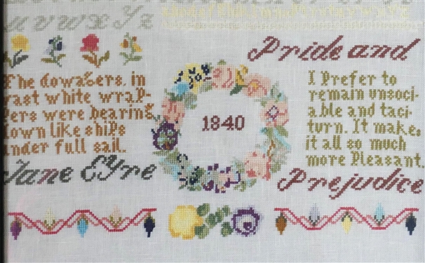 Hand Stitched Needlework Copy of 1840 Jane Eyre Pride and Prejudice Sampler - Framed - Frame Measures 11 by 11