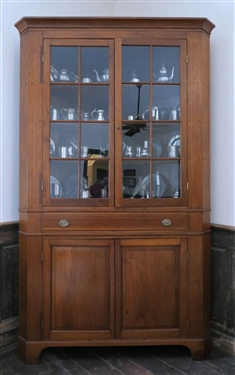 Very Nice 16 Pane Walnut Inlaid Corner Cupboard - Divided Dovetailed Drawer - Lots of Fine Inlay on Crown, Drawers, and Doors  - NO CONTENTS - Measures 82 Tall 55 by 26