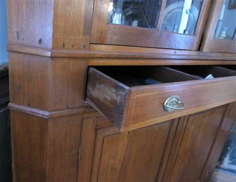 Very Nice 16 Pane Walnut Inlaid Corner Cupboard - Divided Dovetailed Drawer - Lots of Fine Inlay on Crown, Drawers, and Doors  - NO CONTENTS - Measures 82 Tall 55 by 26