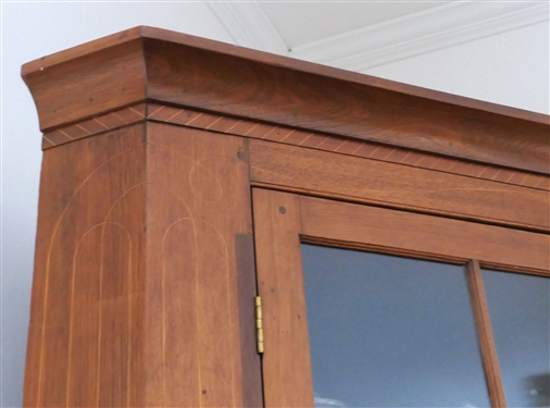Very Nice 16 Pane Walnut Inlaid Corner Cupboard - Divided Dovetailed Drawer - Lots of Fine Inlay on Crown, Drawers, and Doors  - NO CONTENTS - Measures 82 Tall 55 by 26