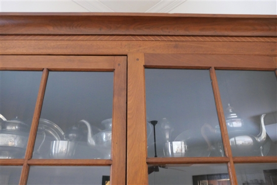 Very Nice 16 Pane Walnut Inlaid Corner Cupboard - Divided Dovetailed Drawer - Lots of Fine Inlay on Crown, Drawers, and Doors  - NO CONTENTS - Measures 82 Tall 55 by 26